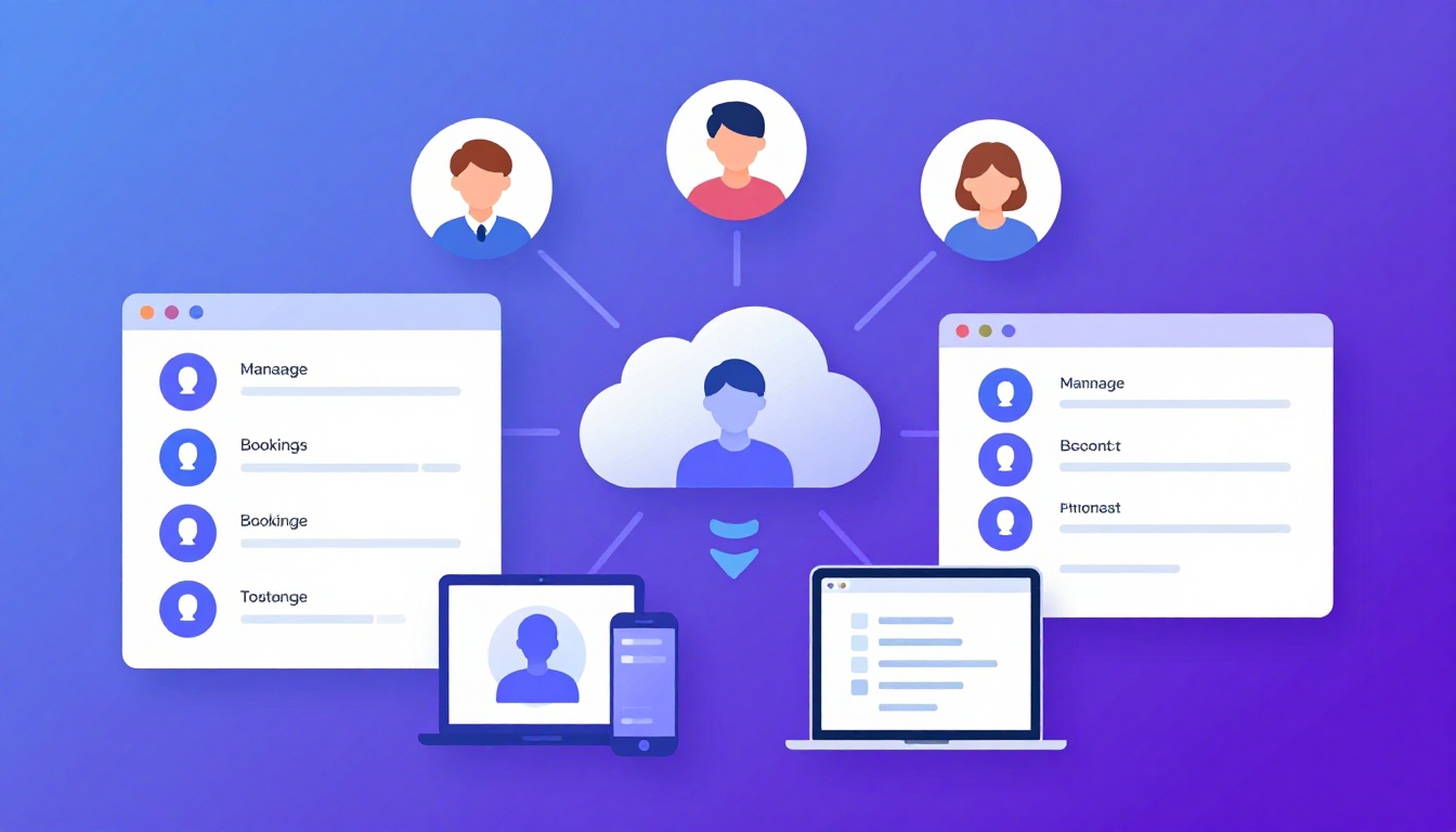 Isometric illustration of multi-account management with Zocdoc Manage Multiple Bookings Account.
   