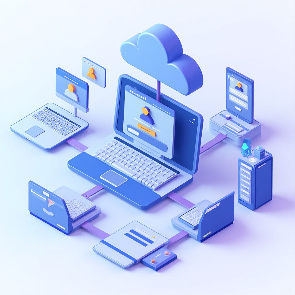 Isometric illustration of multi-account management with App To Manage Multiple Gmail Accounts.
     