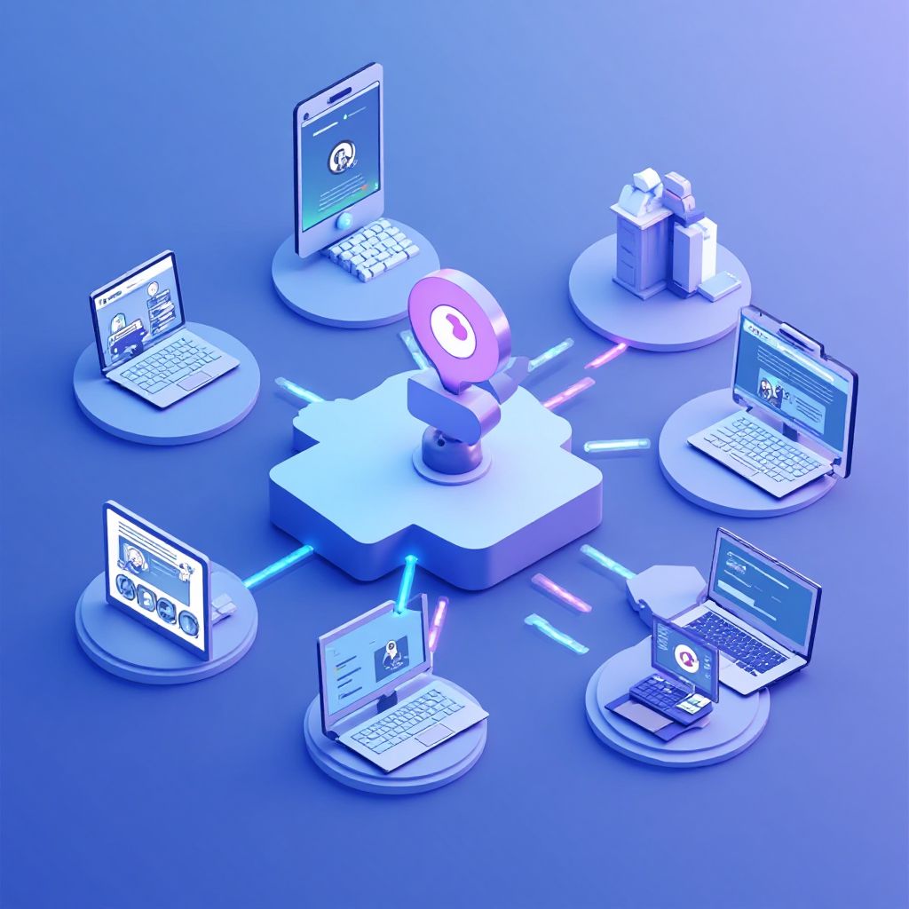 Isometric illustration of multi-account management with Autotrader Account Multiple Dealership Locat