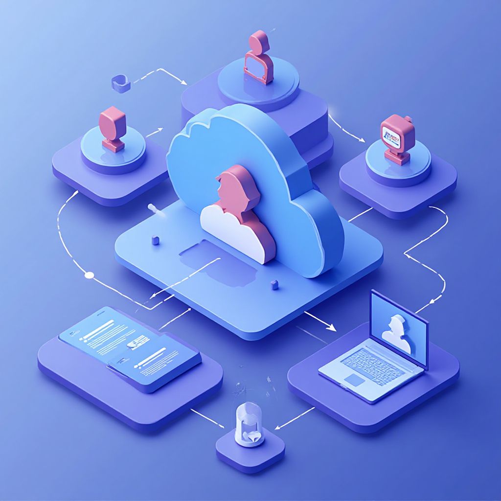 Isometric illustration of multi-account management with Aws Manage Multiple Accounts.
Multip