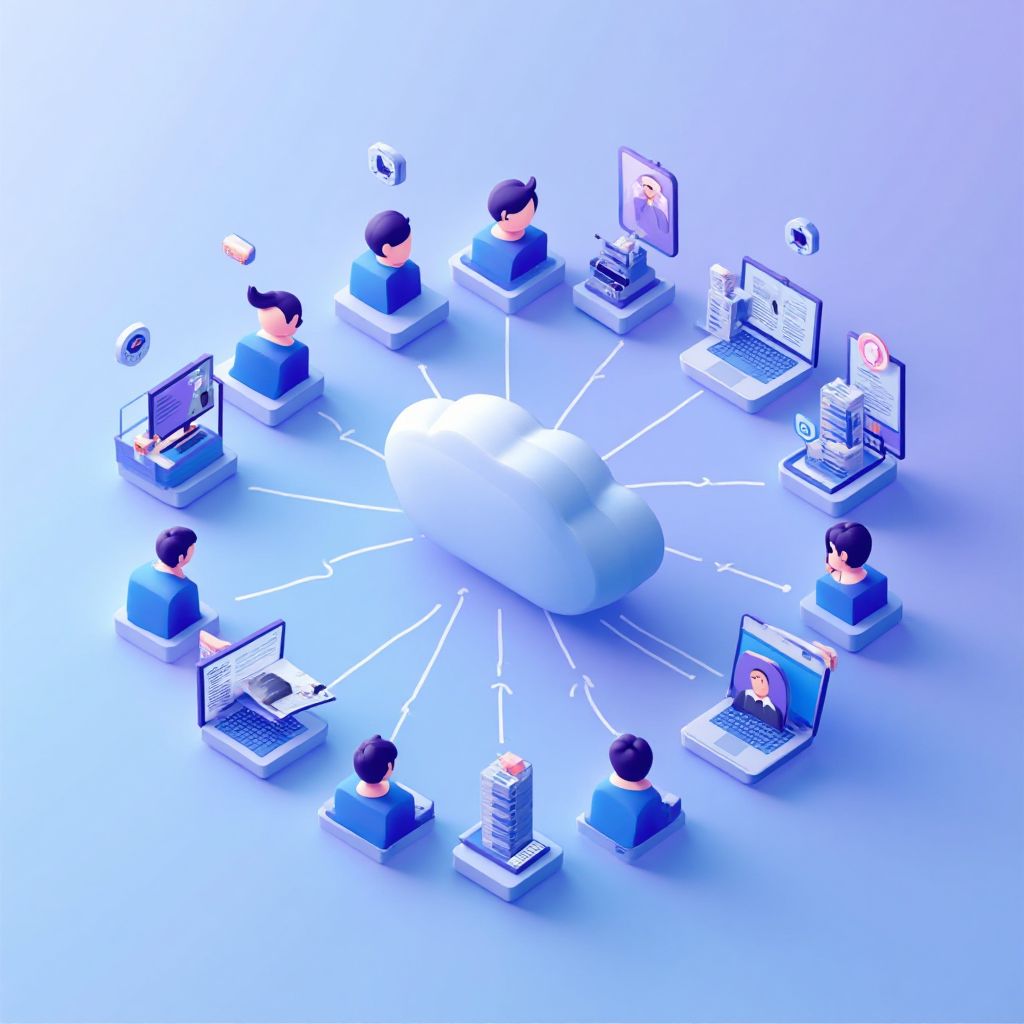 Isometric illustration of multi-account management with Collaboration Features For Managing Multiple