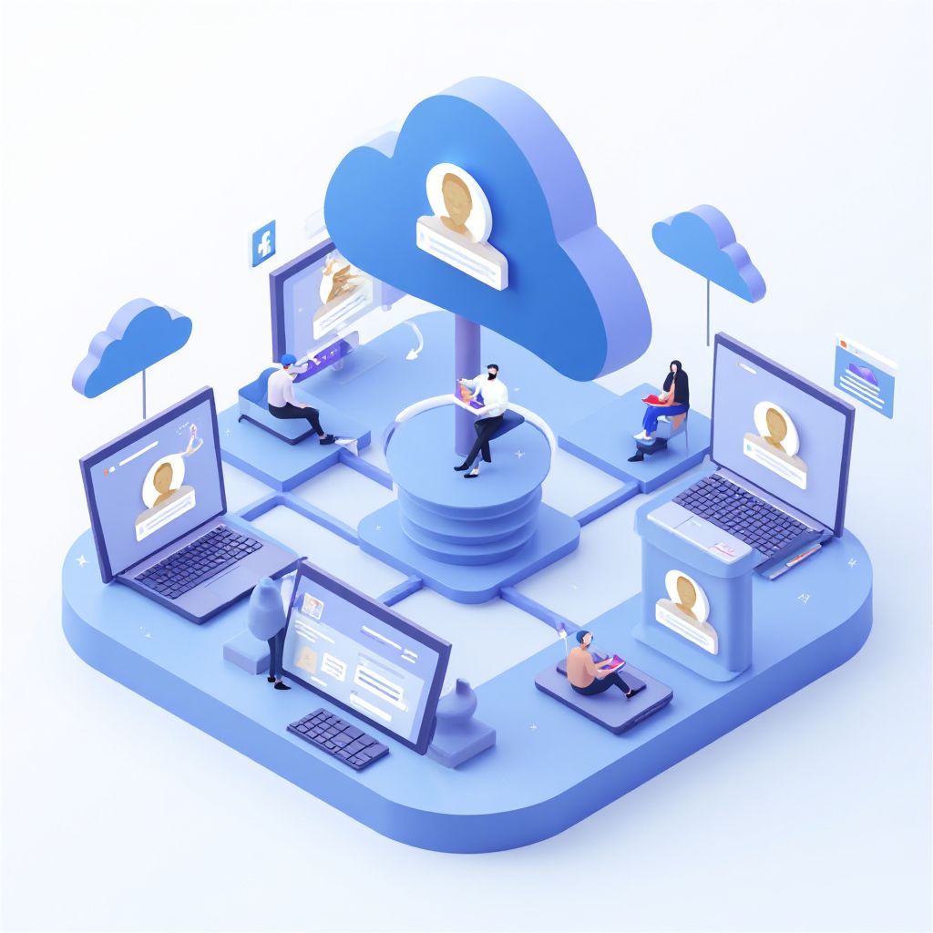 Isometric illustration of multi-account management with Facebook Business Manager Multiple Ad Accoun