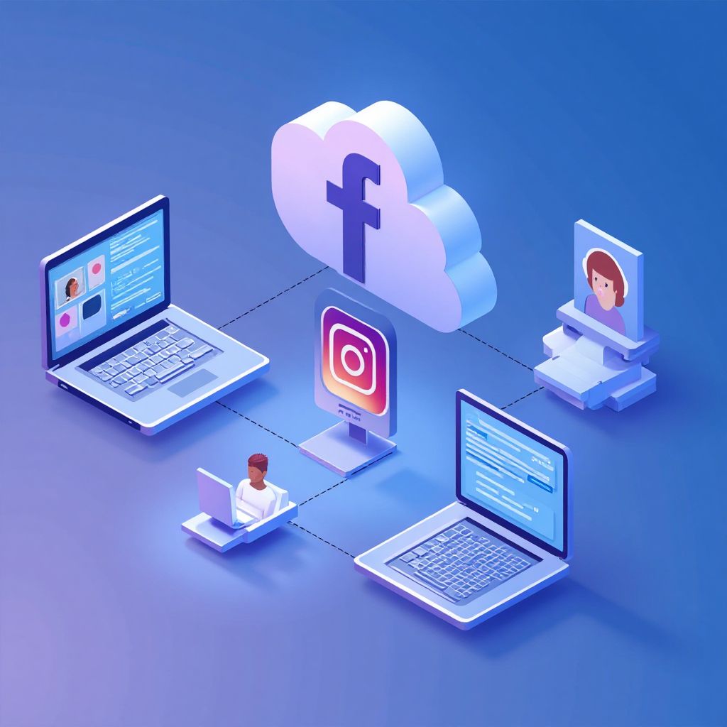Isometric illustration of multi-account management with Facebook Business Manager Multiple Instagram