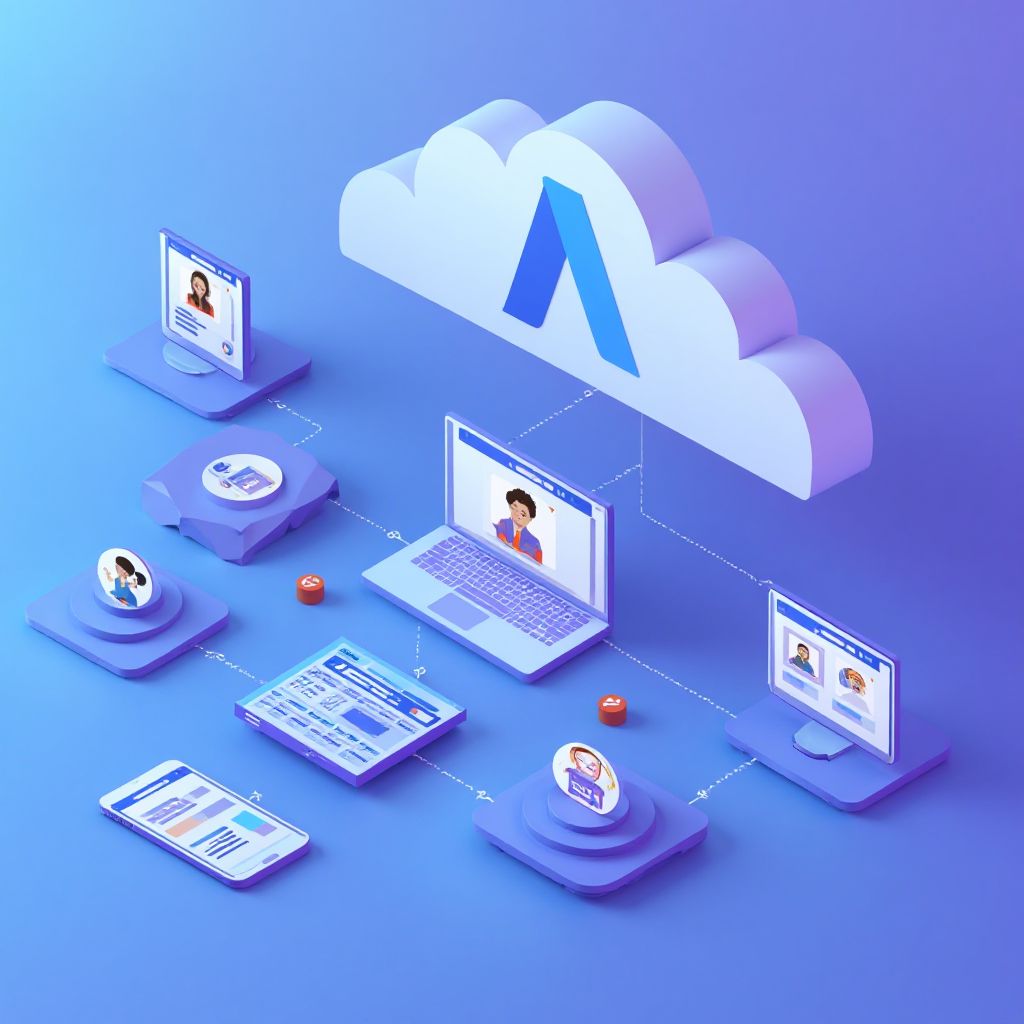 Isometric illustration of multi-account management with Google Adwords Manage Multiple Accounts.
   