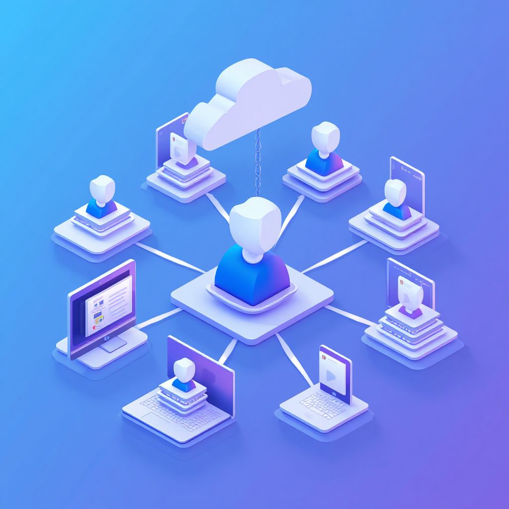 Isometric illustration of multi-account management with Google Manage Multiple Accounts.
Mul