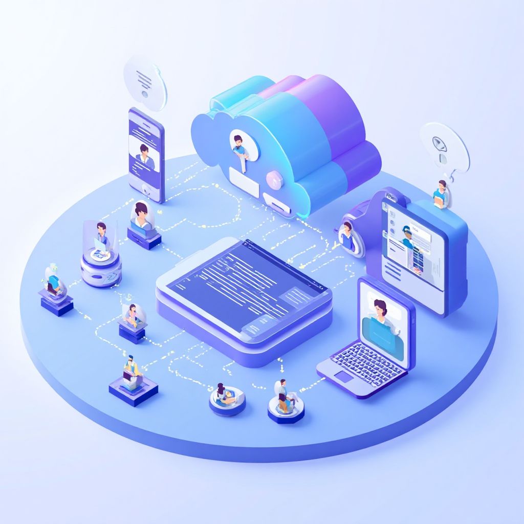 Isometric illustration of multi-account management with Manage Multiple Blink Accounts From One Devi