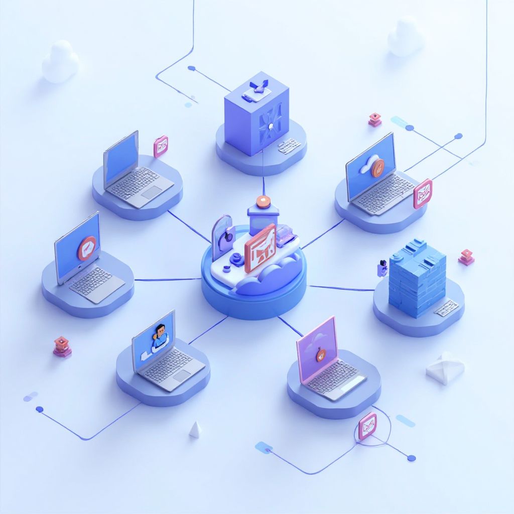 Isometric illustration of multi-account management with Manage Multiple Gmail Accounts With Aycd.