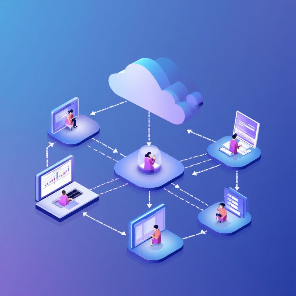 Isometric illustration of multi-account management with Manage Multiple Hubspot Accounts.
Mu