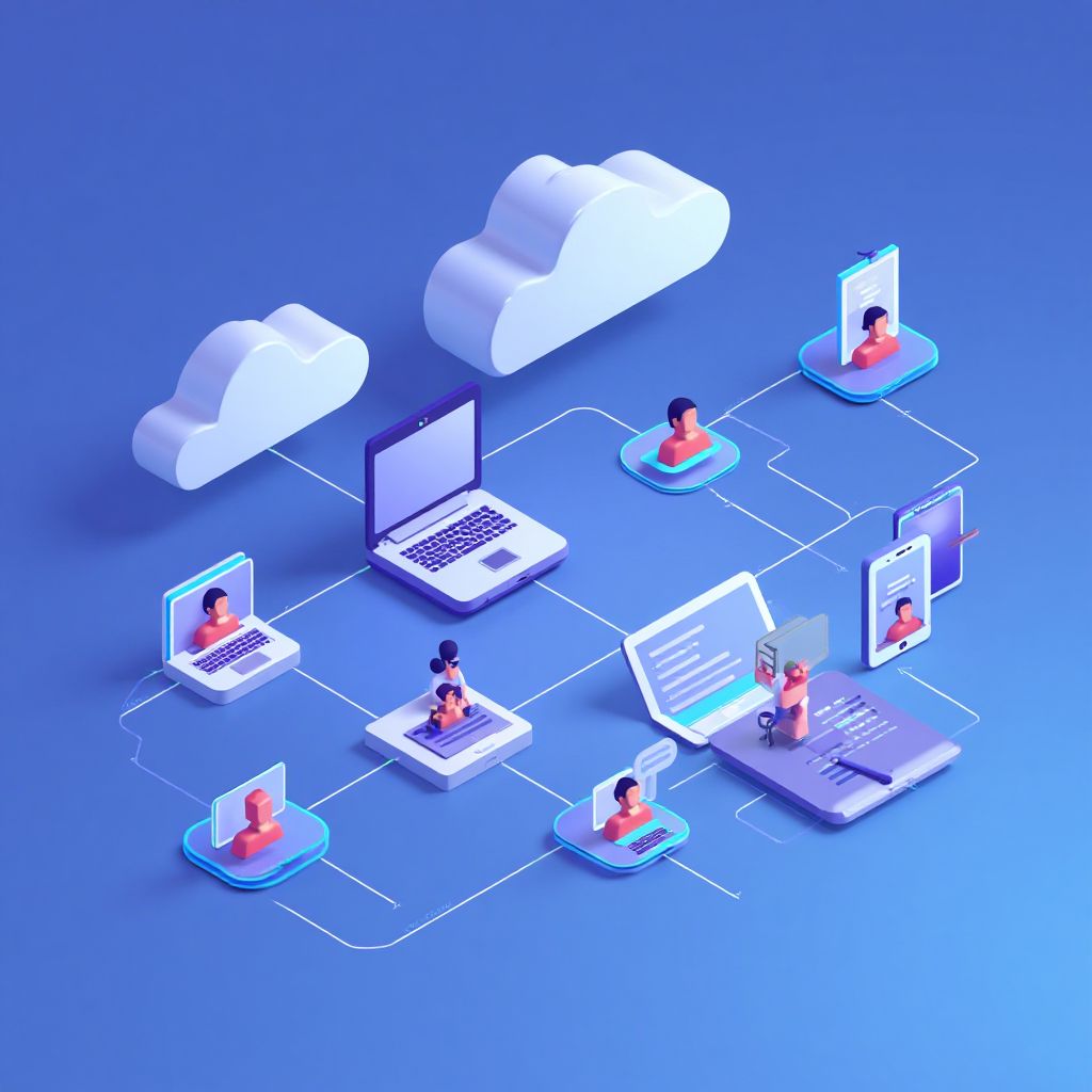 Isometric illustration of multi-account management with Manage Multiple Mega Accounts.
        Multi