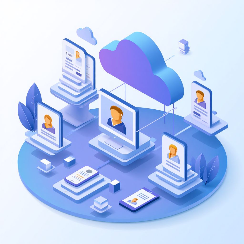 Isometric illustration of multi-account management with Managing Multiple Gmail Accounts.
Mu
