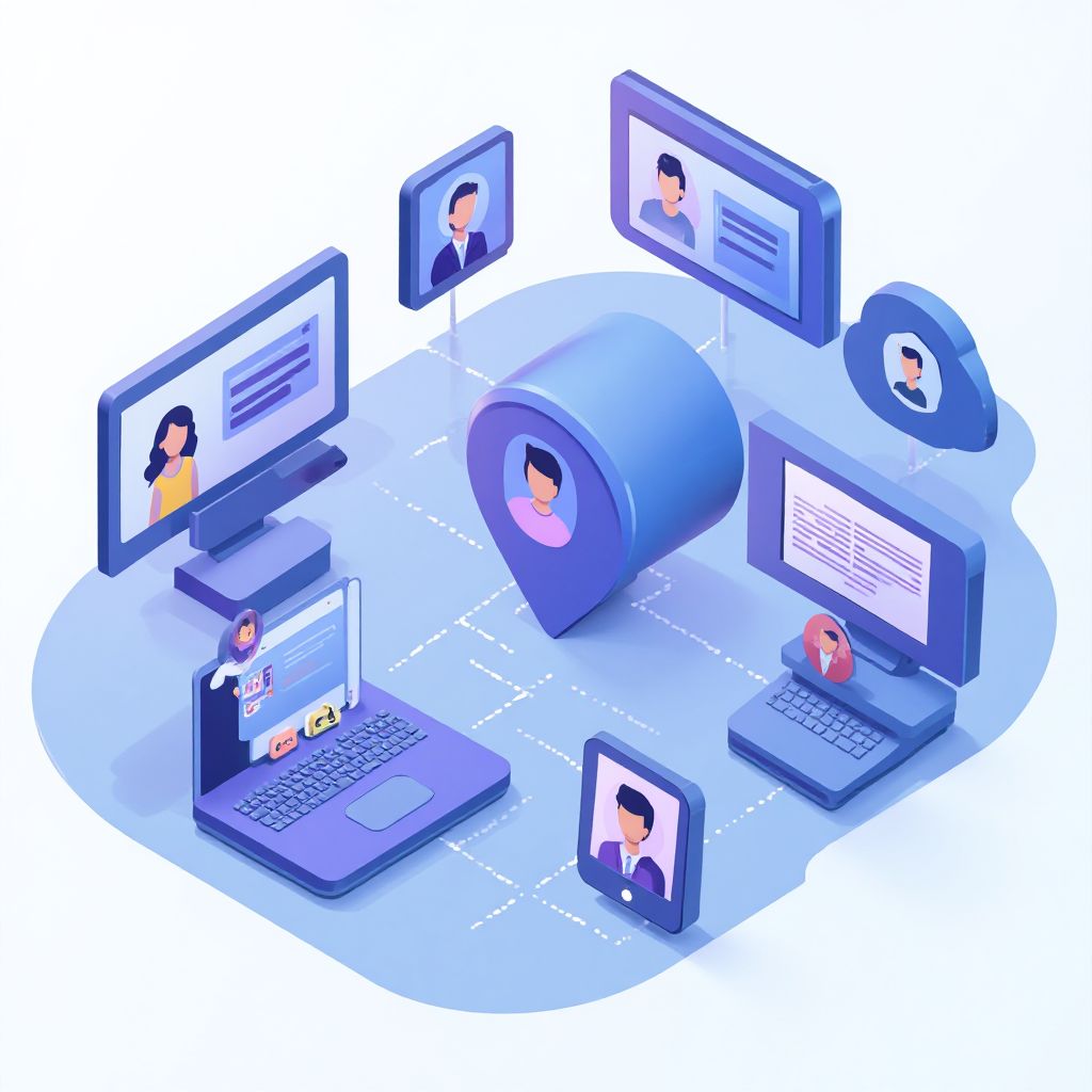 Isometric illustration of multi-account management with B2B Support Systems Manage Multiple Products