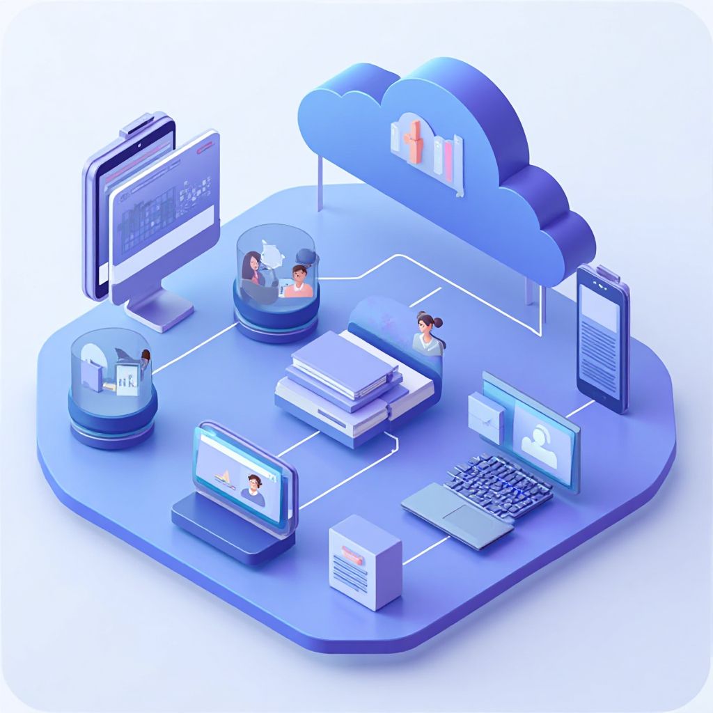 Isometric illustration of multi-account management with B2B Systems Multiple Customer Accounts Manag