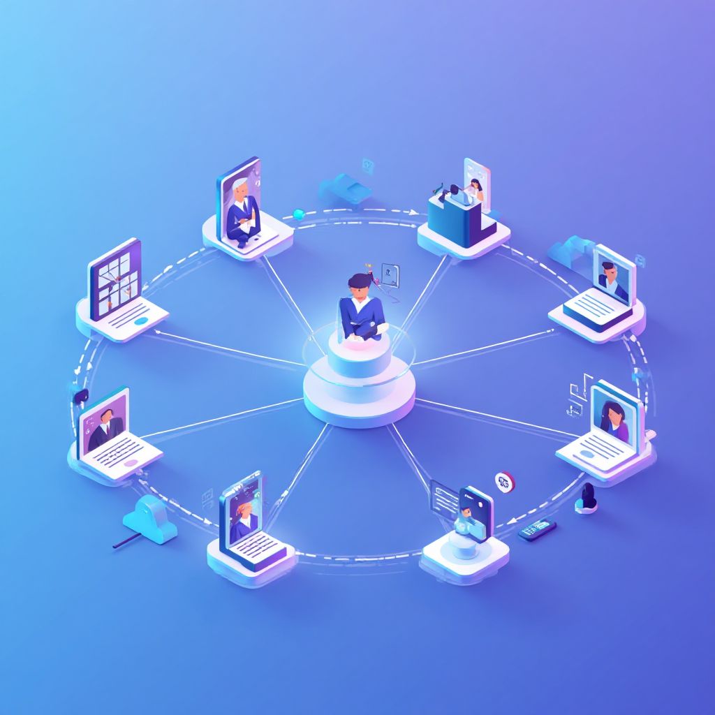 Isometric illustration of multi-account management with Managing Multiple Ad Accounts Efficiently.
 
