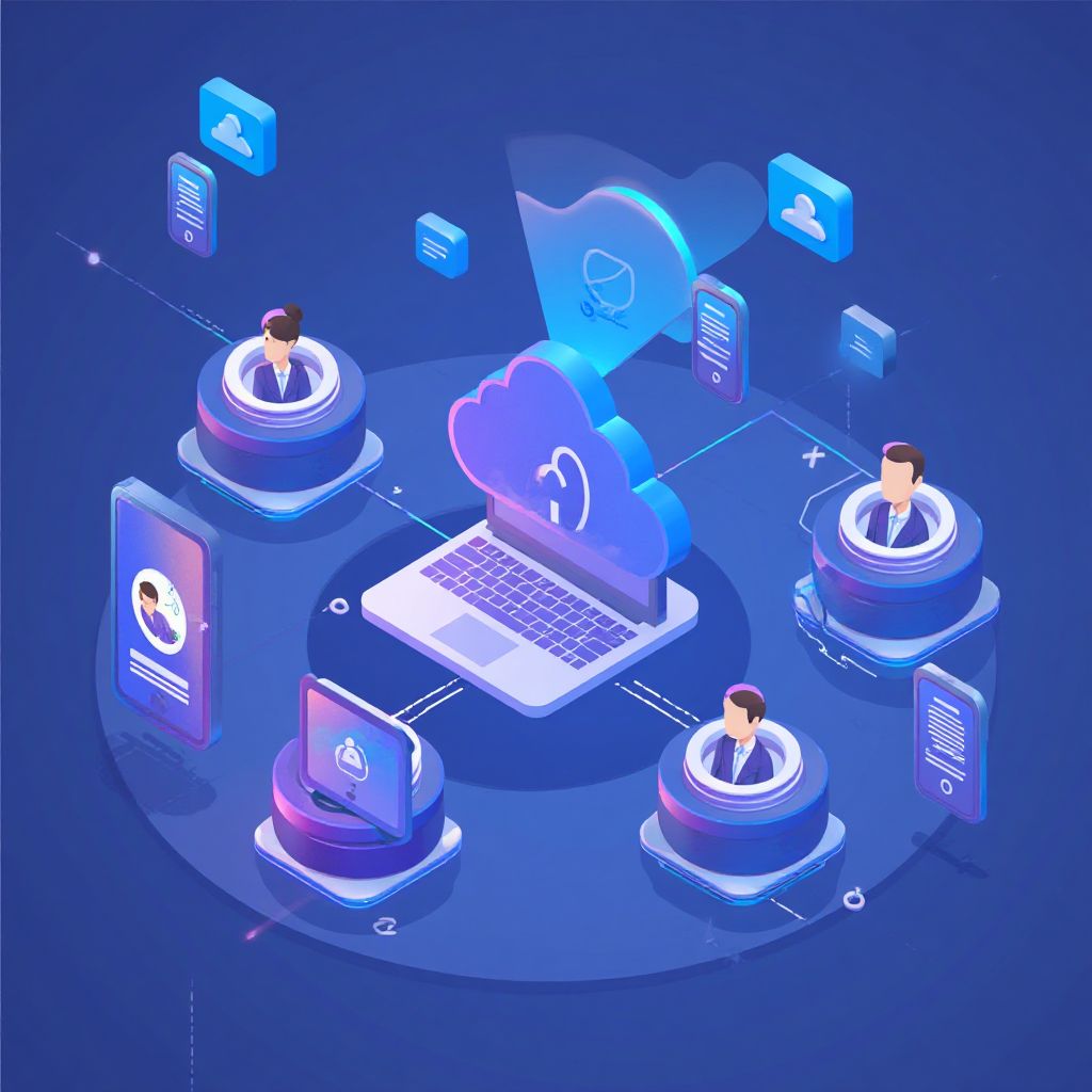 Isometric illustration of multi-account management with How To Run Multiple Whatsapp Accounts.
     